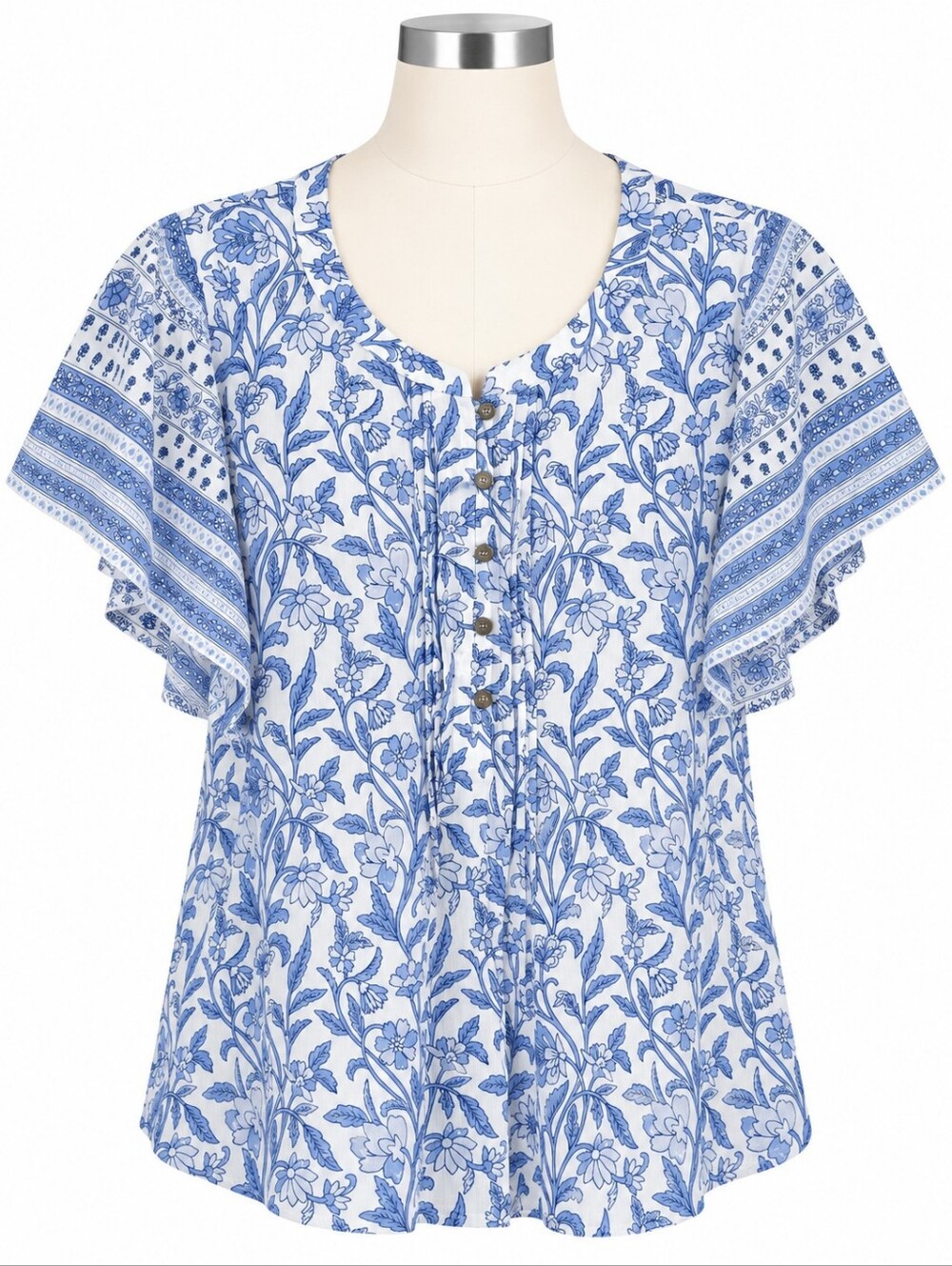 J. Jill Blouse Women's Medium Petite MP Blue White Floral Pintuck Split Neck